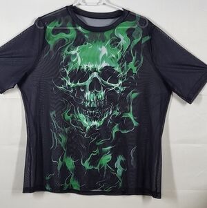 Men's Black Mesh Short-Sleeve Tee with Green Flame Skull Graphic